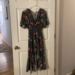 High-low ruffle dress - forest green with pink and white flowers.